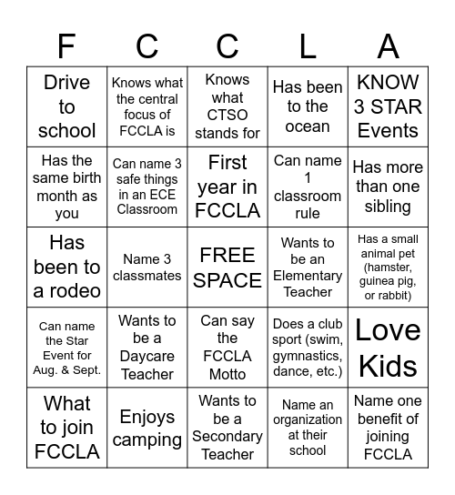FCCLA Bingo Card