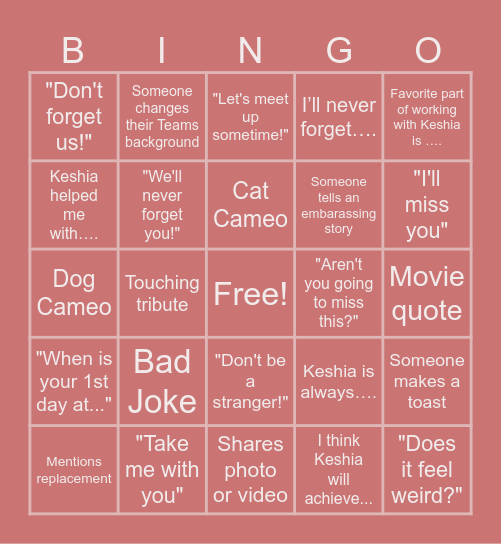 Keshia's Last Team Meeting Bingo Card