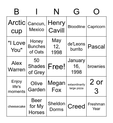 Kate and Alex Bingo Card