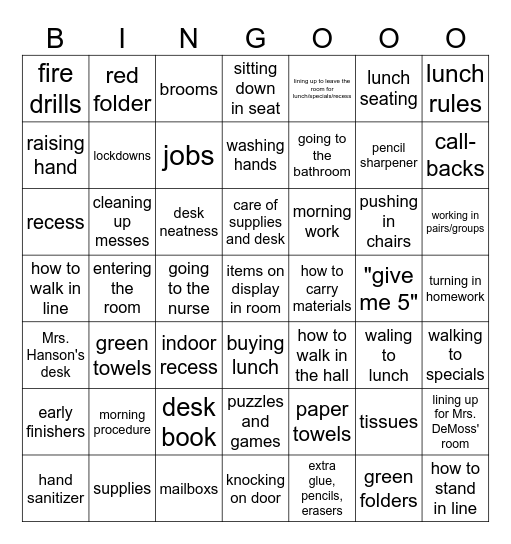 Classroom Procedures Bingo Card