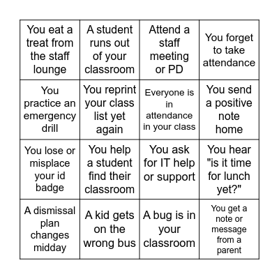 1st Week of School Bingo Card