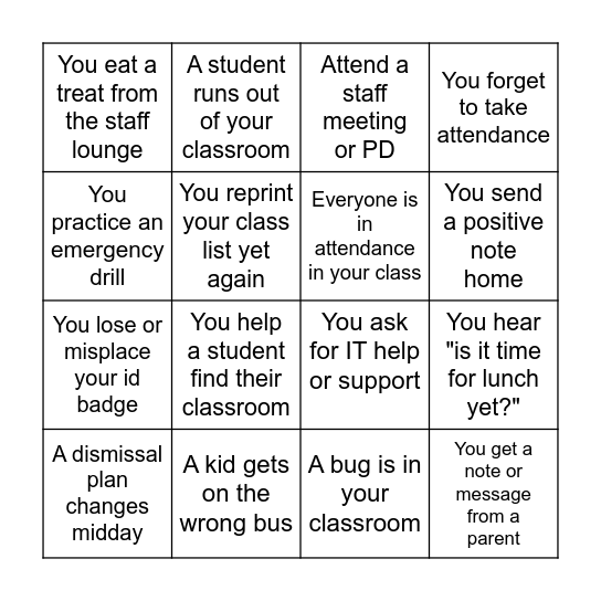 1st Week of School Bingo Card