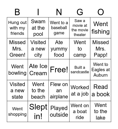 What I did over the summer Bingo Card