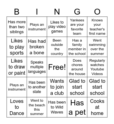 First Day of School Bingo Card