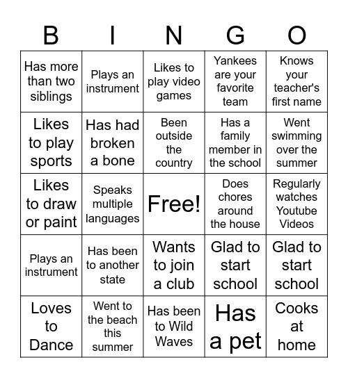 First Day of School Bingo Card