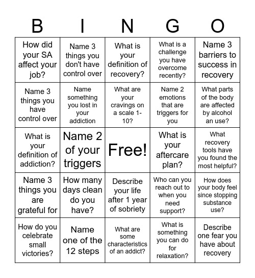 Recovery Bingo! Bingo Card