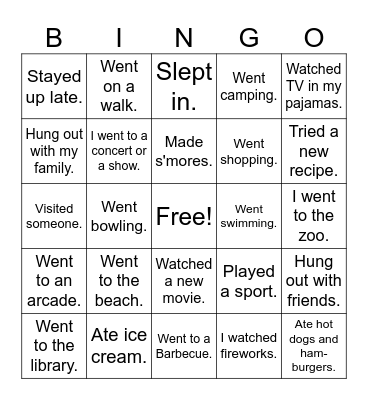 Summer Activities Bingo Card