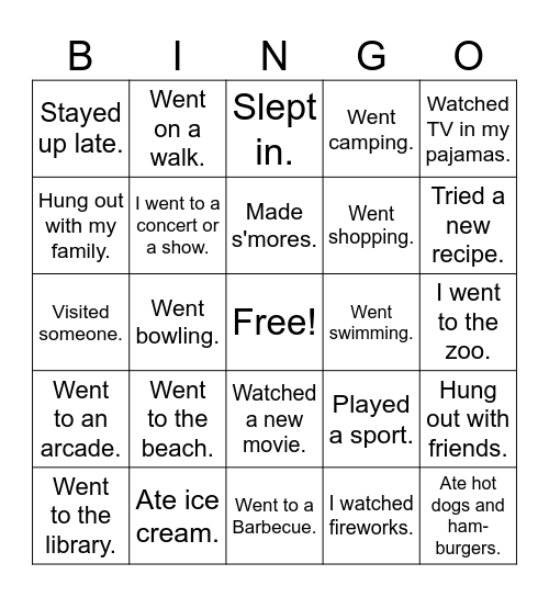 Summer Activities Bingo Card