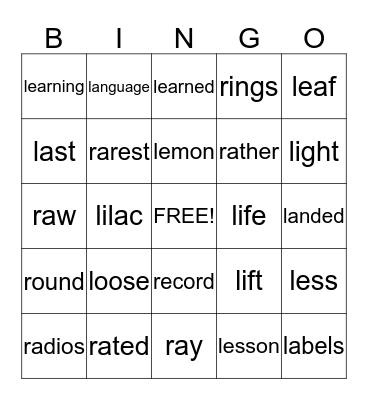 L & R WORDS Bingo Card