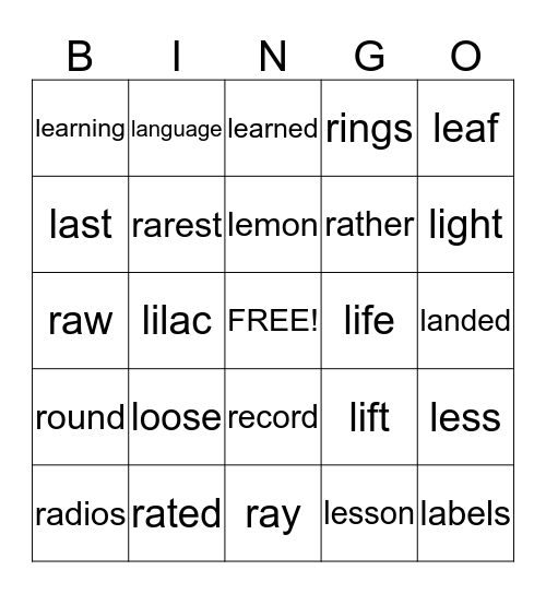 L & R WORDS Bingo Card