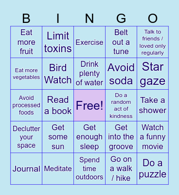 Stress Relief Bingo Card