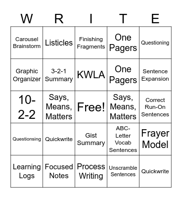 AVID Writing Bingo Card