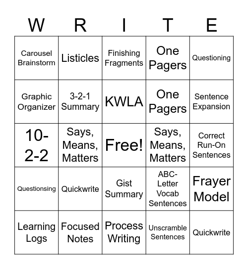 AVID Writing Bingo Card