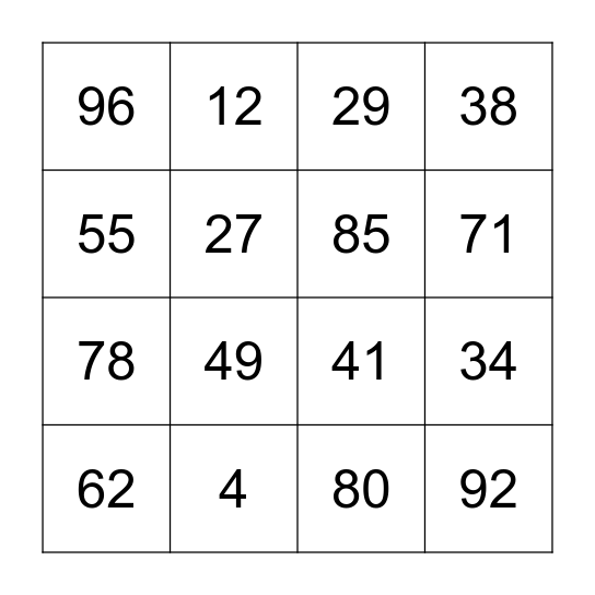 NUMBERS Bingo Card
