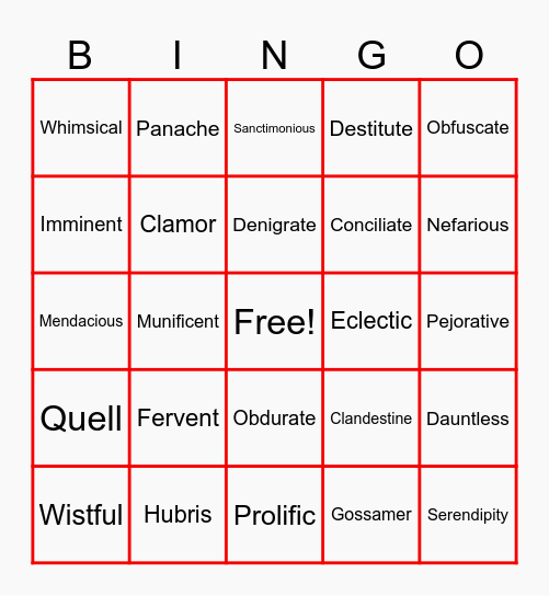 Synonym Bingo Card