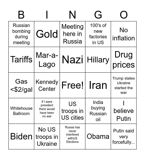Trump-Putin Meeting Bingo Card