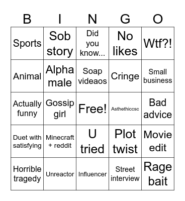 Shorts bingo Card