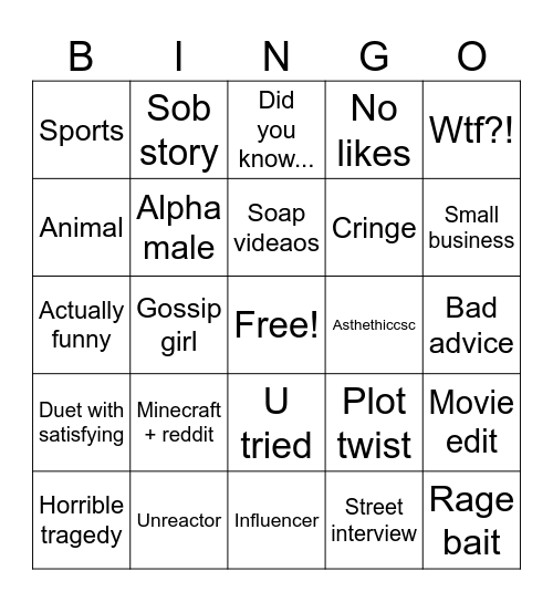 Shorts bingo Card