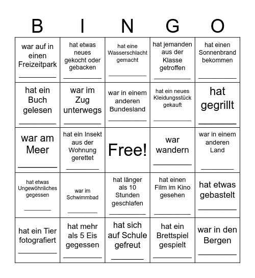 Ferien 2025 Bingo Card