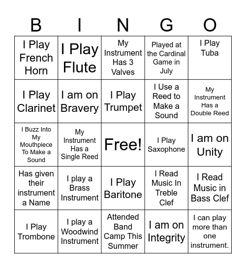 Hixson Band Bingo Card