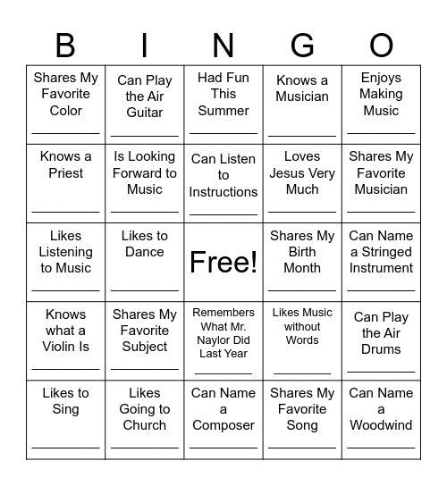 Welcome to Music Bingo - Find Someone Who: Bingo Card