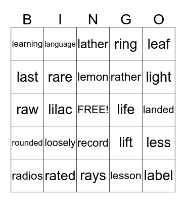 L & R WORDS Bingo Card