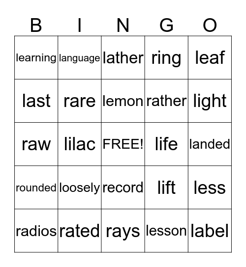 L & R WORDS Bingo Card