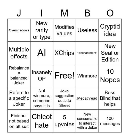 Balatro Suggestions Bingo Card