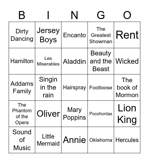 Broadway Musicals Bingo Card