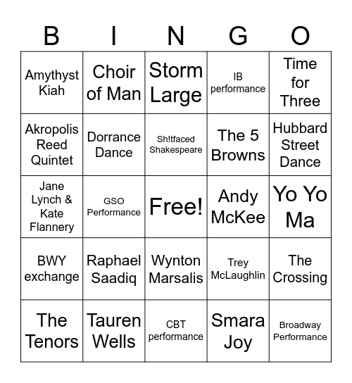 Single Night Shows Bingo Card