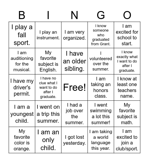 Freshman Orientation Bingo Card