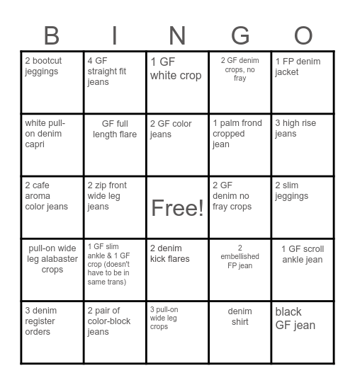 Denim Try-On & Buy Event Bingo Card
