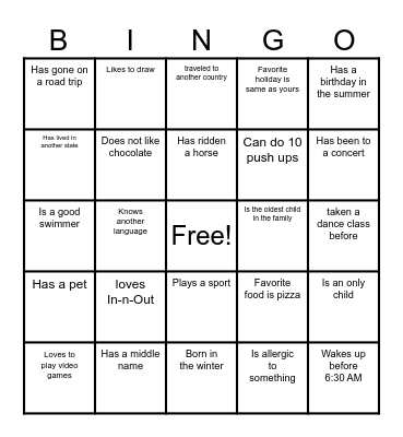 Classmate BINGO Card