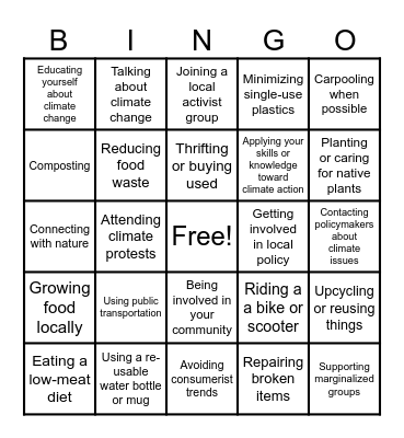 Climate action Bingo Card