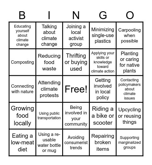 Climate action Bingo Card