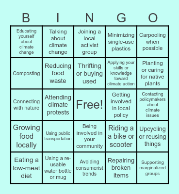 Climate action Bingo Card