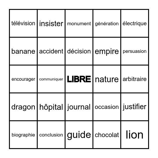 Les mots apparants Bingo Card