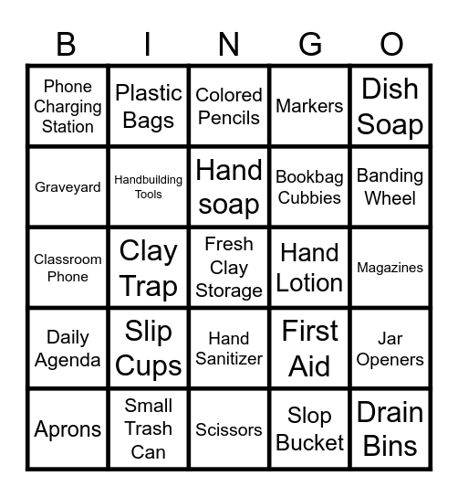 Ceramics Room Bingo Card