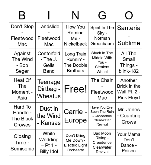 Rock Mix (double bingo) Bingo Card