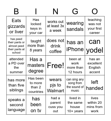 Teacher Icebreaker Bingo Card
