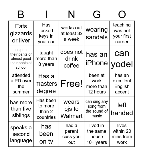 Teacher Icebreaker Bingo Card