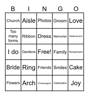 Bridal Bingo Card