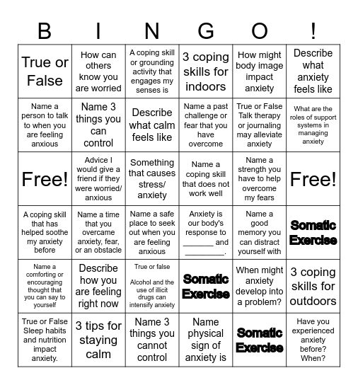 Anxiety Education & Coping Bingo Card