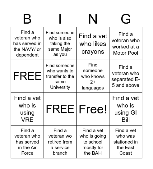 MISSION VETERAN Bingo Card