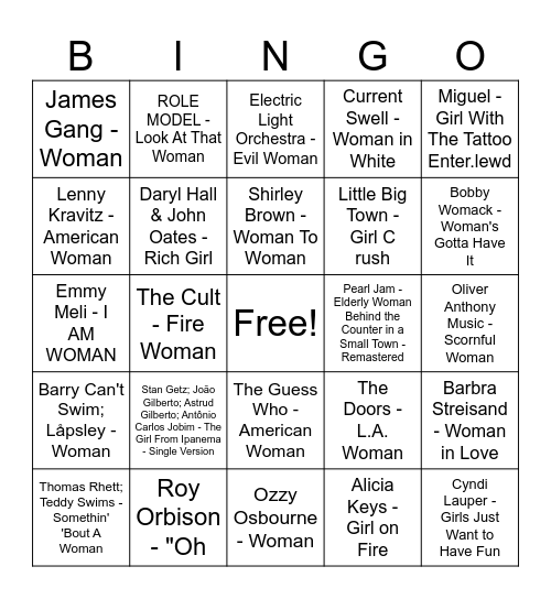 Ben's Music Bingo - Woman! Bingo Card
