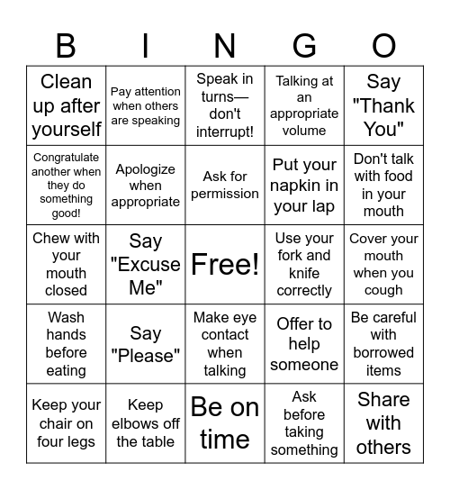 Manners Bingo Card