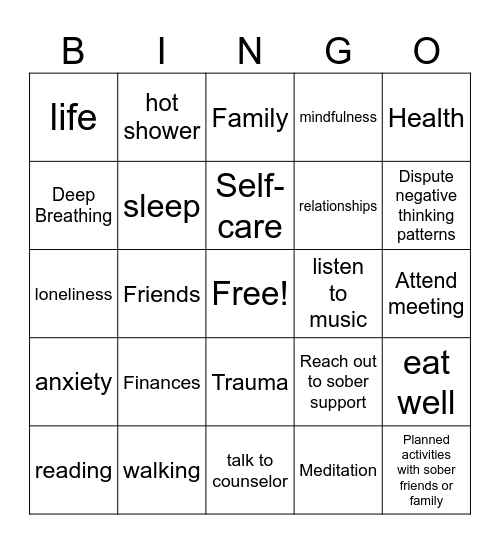 Stress Bingo Card