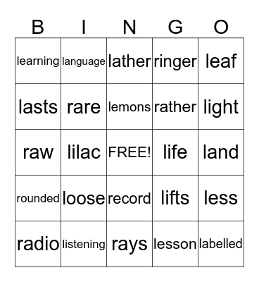 L & R WORDS Bingo Card