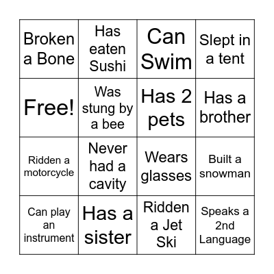 Getting To Know You Bingo Card