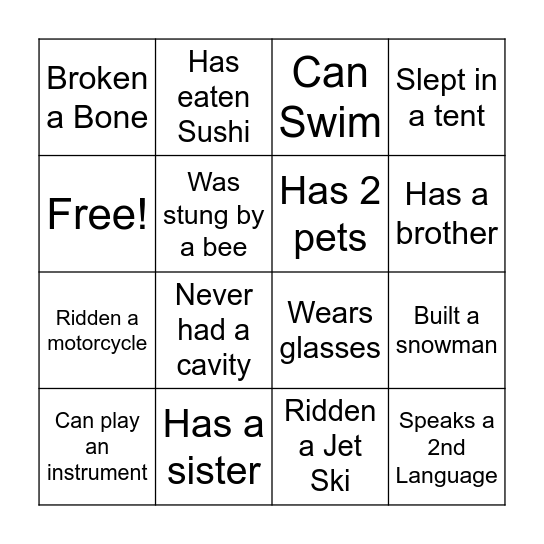 Getting To Know You Bingo Card